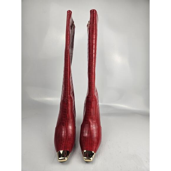 NIB Ninety Union Jada Size 9 Red Tall Boots w/ Gold Accents & Asymmetrical Heel - Picture 4 of 12